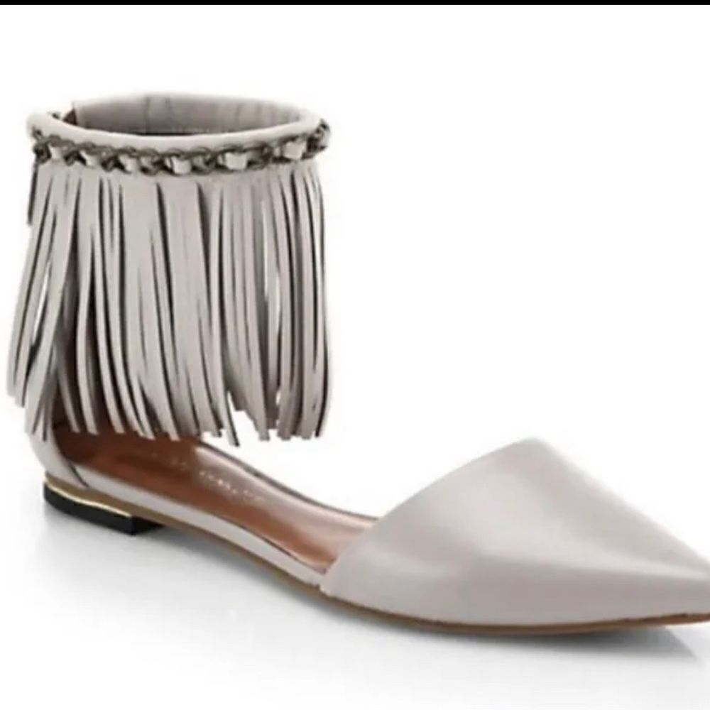 Rebecca Minkoff Faith Fringe Ankle Strap Pointy Shoes Women's Sz‎ 6 M gray